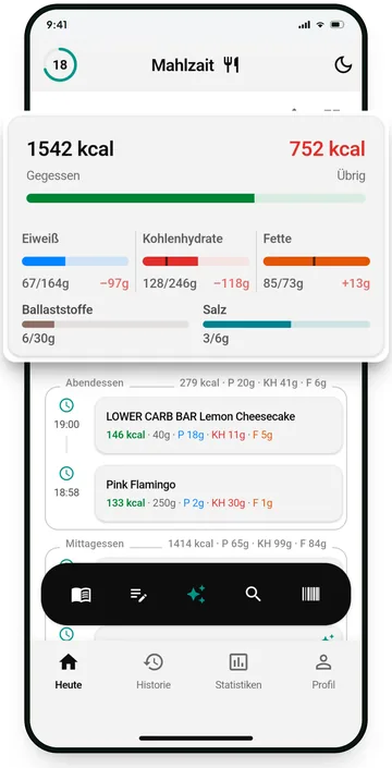 Mahlzait-App, Tagesübersicht mit Kalorien und Makros